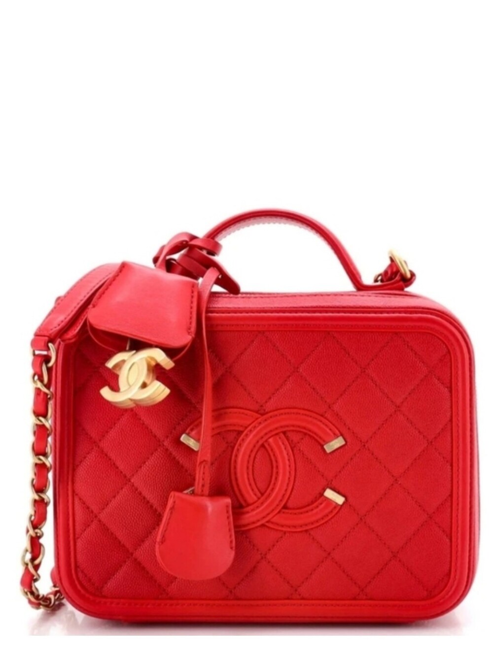 Like New! Authenticated CHANEL Small CC Filigree Vanity Case Red Caviar Leather